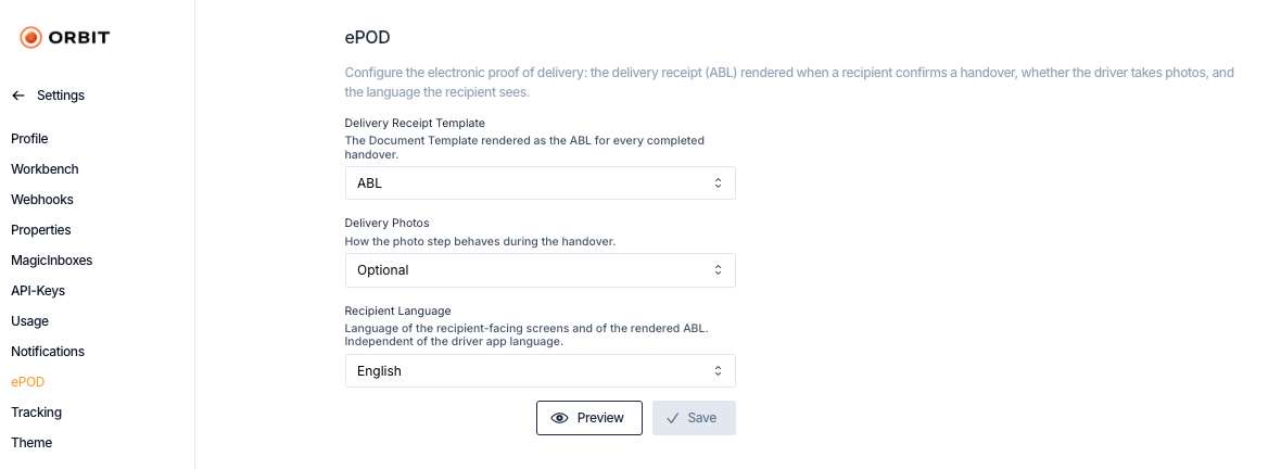 The ePOD settings page in Orbit MissionControl, showing the Delivery Receipt Template set to ABL, Delivery Photos set to Optional, and Recipient Language set to English, with Preview and Save buttons below.