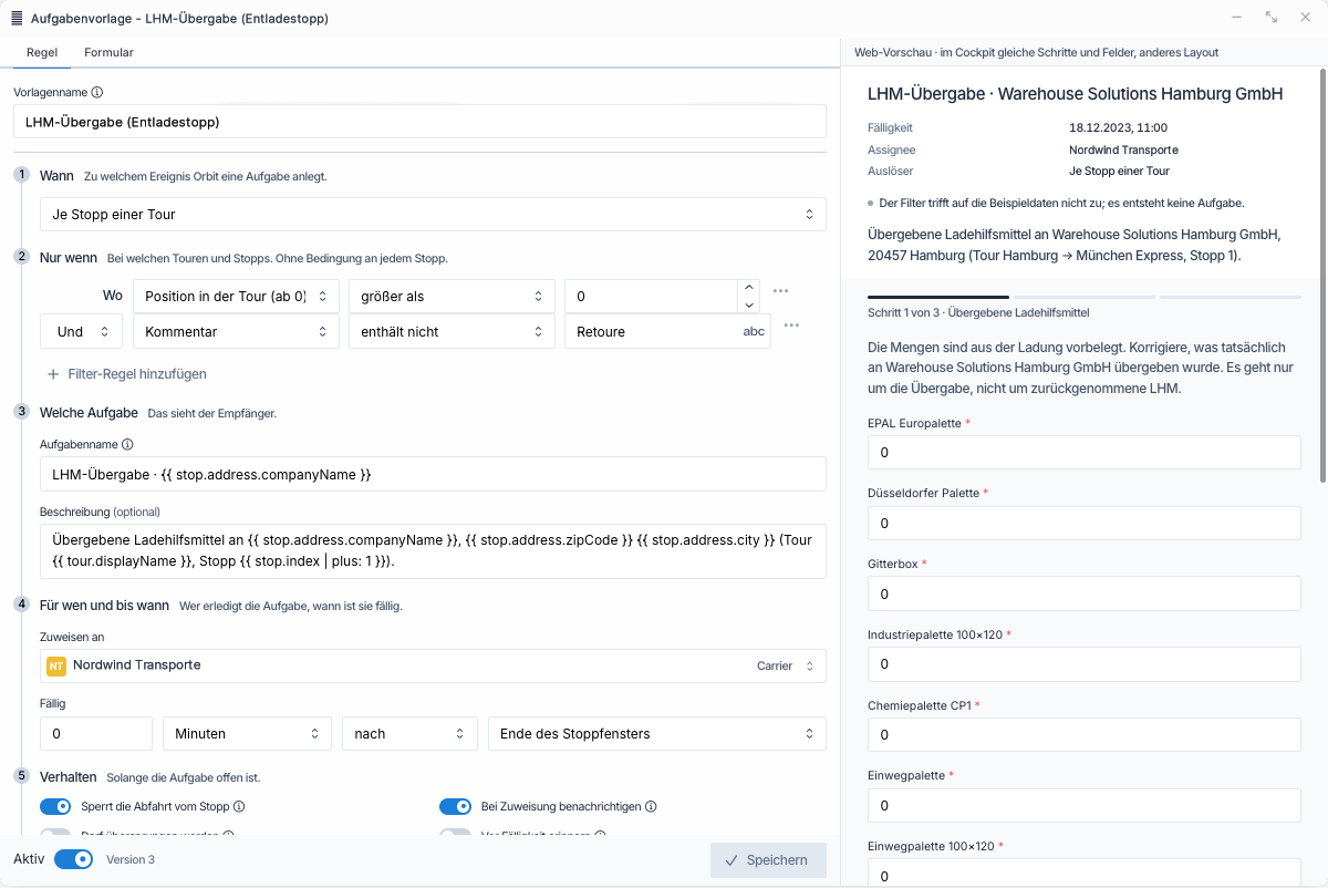 The task template editor with the rule steps on the left and the live preview on the right