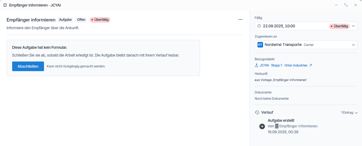 The task window of a task without a form, with the metadata column on the right
